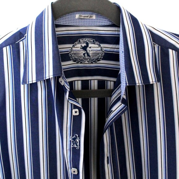 Bugatchi Shaped Fit Mens L 100% Cotton Long Sleeved Shirt Contrasting Cuffs - Picture 2 of 5